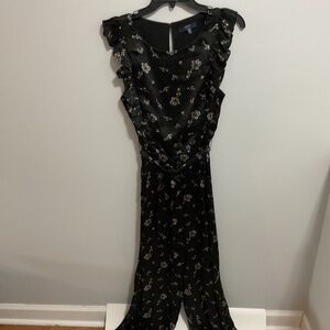 Kaari Blue Silky, Ruffled, Cap Sleeve, Floral Print Belted Jumpsuit, 14 Petite